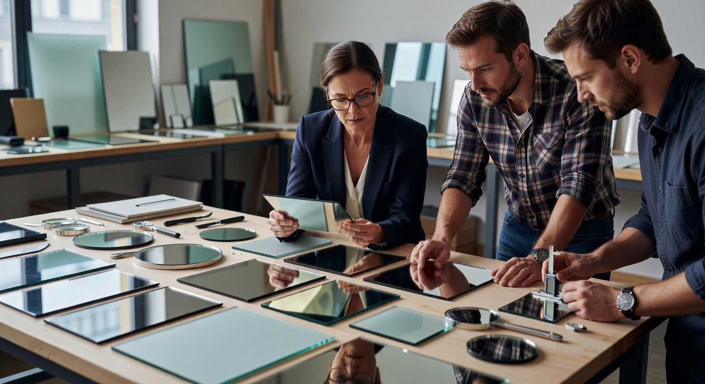 Designers reviewing mirror samples at a workbench