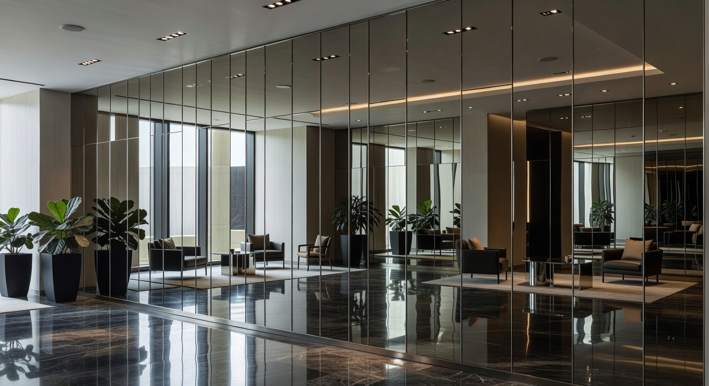 Floor-to-ceiling mirror panels installed in a lobby