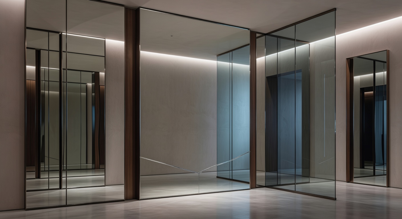 Cinematic modern interior with large luxury mirrors