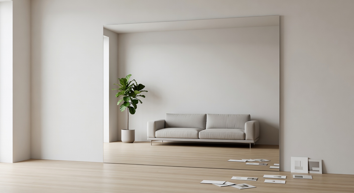 Frameless wall mirror in a minimalist living room