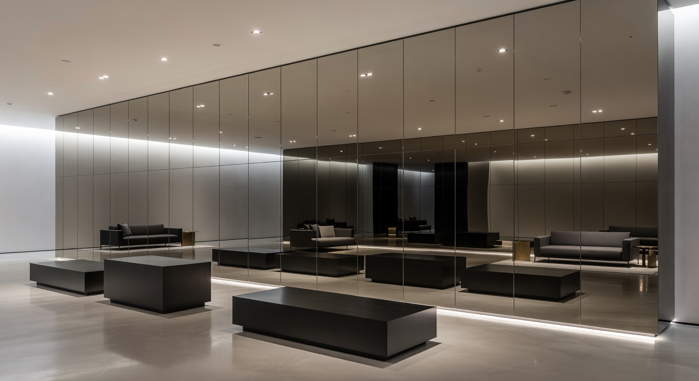 Modern lobby with grand mirrored wall panels