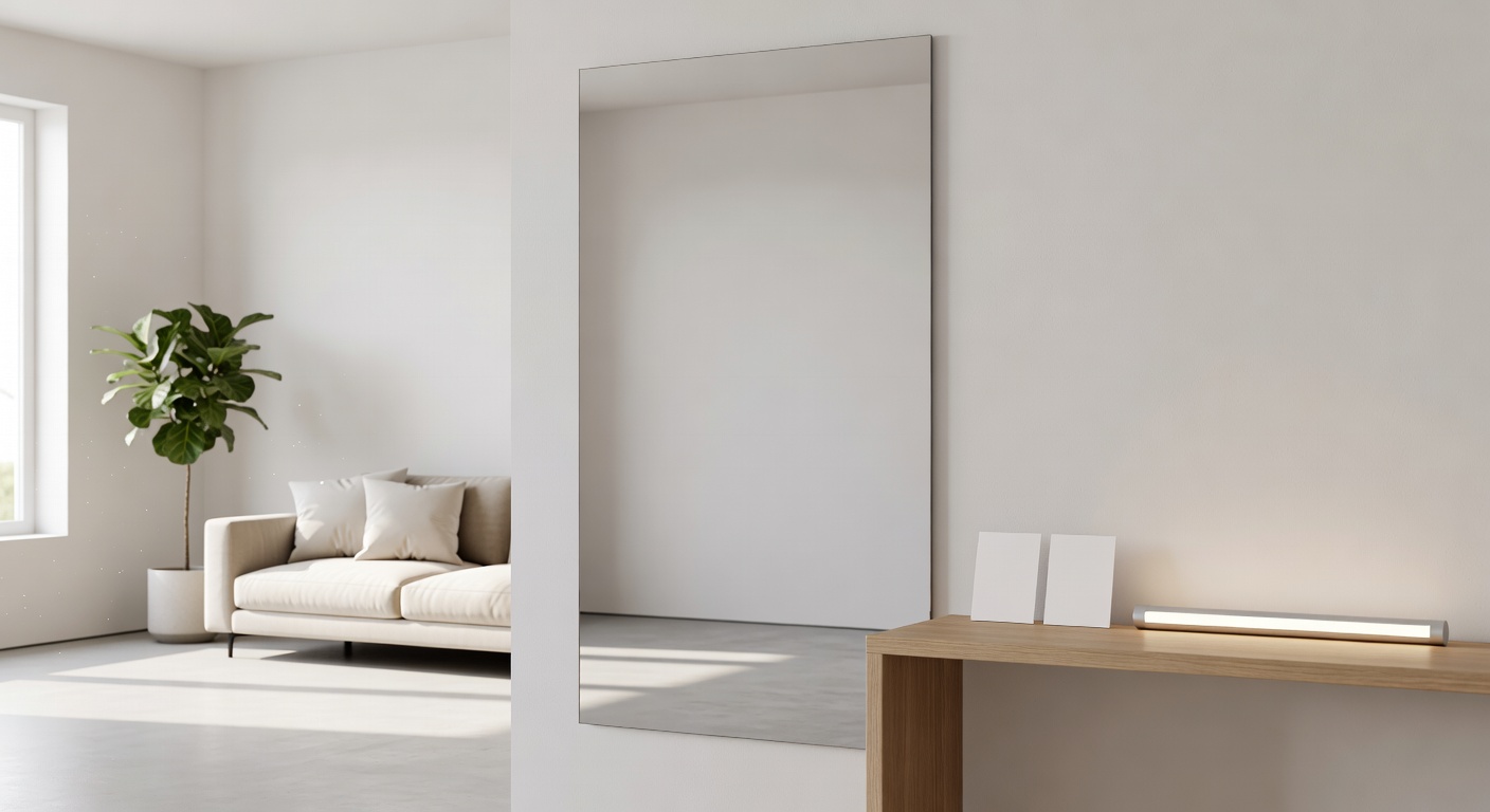 Large frameless wall mirror reflecting a minimalist living room